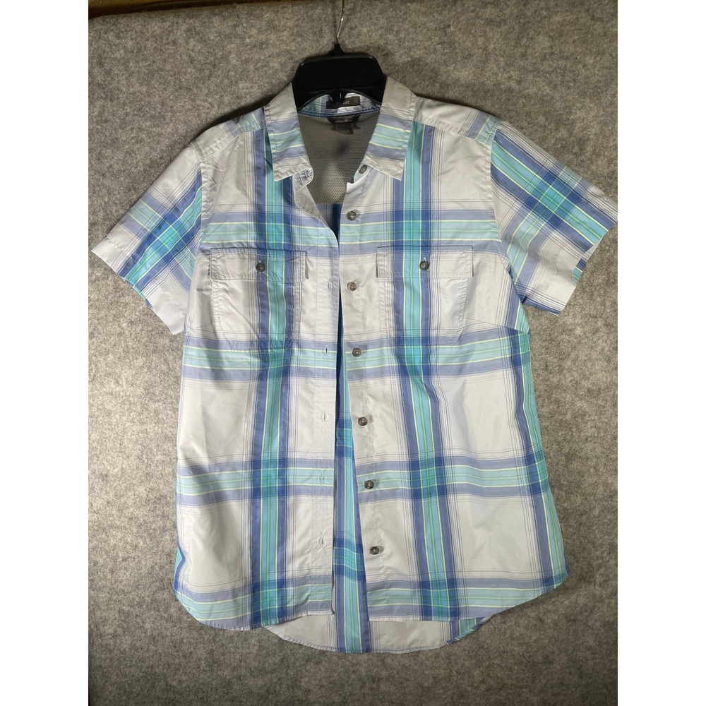 Eddie Bauer Womens Blue Green Plaid Short Sleeve‎ Hiking Shirt Classic Fit Small